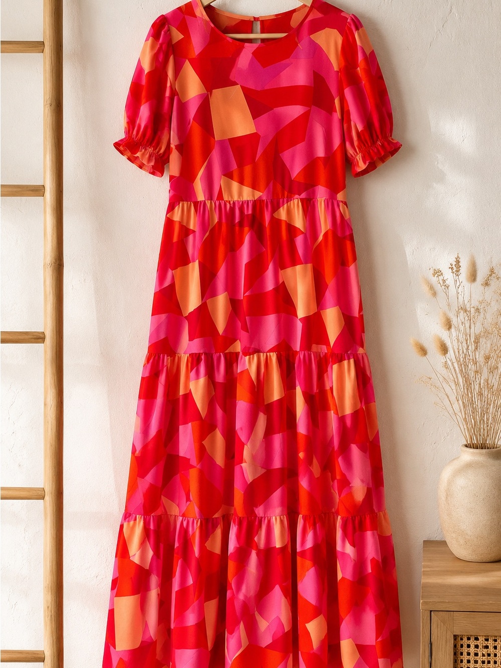 Girls' Bright Pink & Red Abstract Tiered Dress